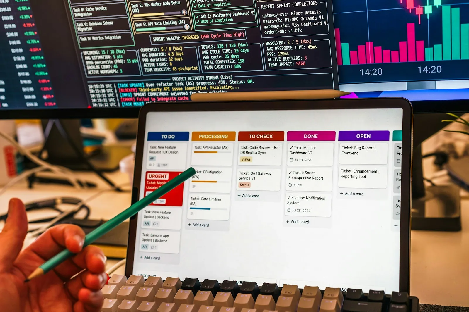 Quadro de tarefas em um tablet, com monitores de sprint ao fundo e uma pessoa apontando com um lápis