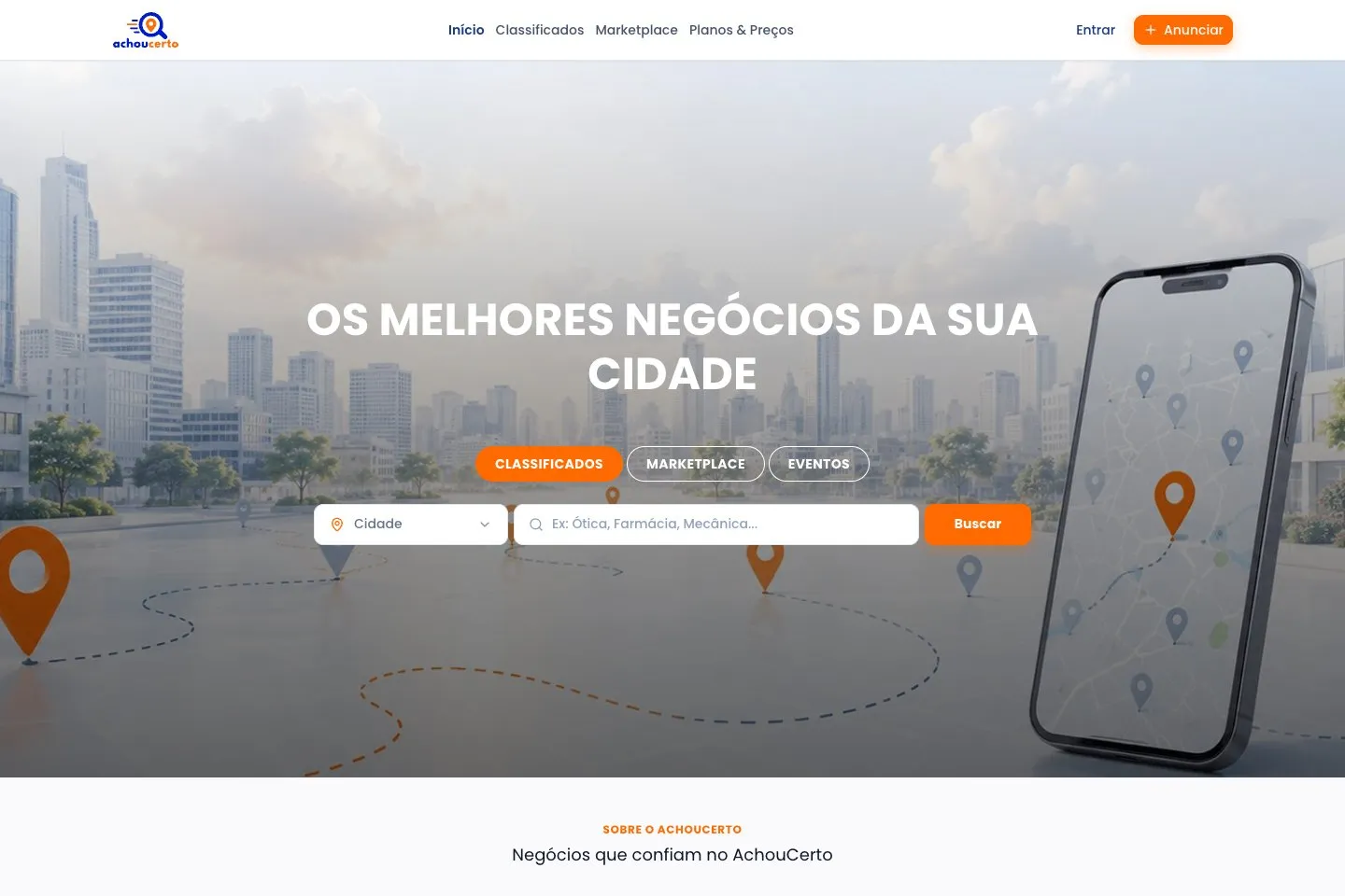 Página inicial do AchouCerto, com a busca de negócios por cidade