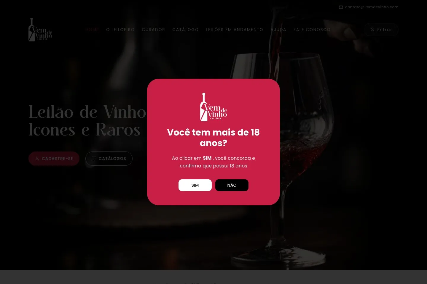 Página inicial do Vem de Vinho, com a confirmação de maioridade sobre o leilão de vinhos